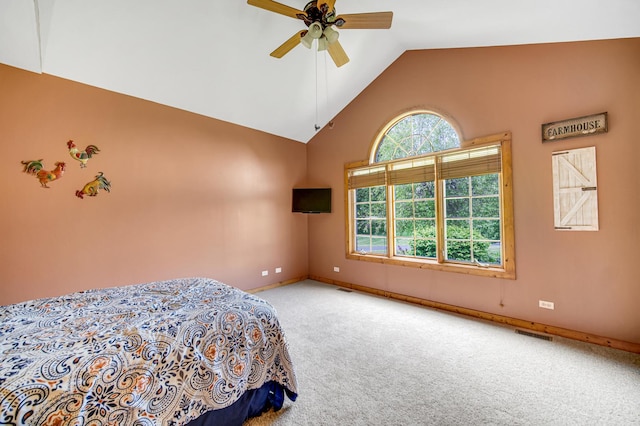 4916 Country Springs Dr, Johnsburg, IL 60051 - bedroom with carpet, baseboards, high vaulted ceiling, and a ceiling fan