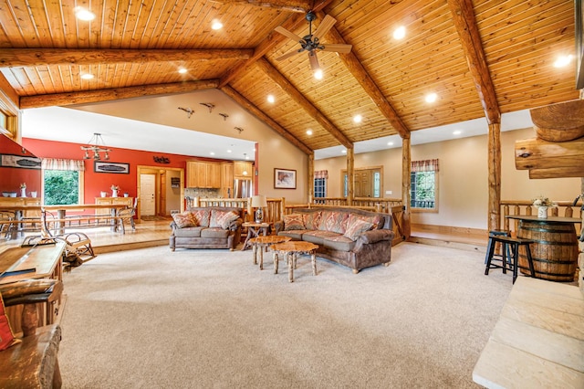 4916 Country Springs Dr, Johnsburg, IL 60051 - living area featuring wood ceiling with exposed beams, recessed lighting, a ceiling fan, and light carpet