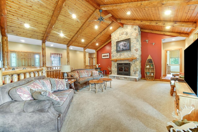 4916 Country Springs Dr, Johnsburg, IL 60051 - carpeted living room with wooden ceiling, ceiling fan, recessed lighting, and a fireplace