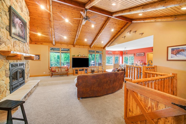 4916 Country Springs Dr, Johnsburg, IL 60051 - living room with wood ceiling with exposed beams, carpet flooring, high vaulted ceiling, baseboards, and ceiling fan