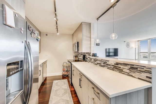 345 N Lasalle Blvd Unit 3602, Chicago, IL 60654 - kitchen with appliances with stainless steel finishes, track lighting, a peninsula, dark wood-style flooring, and decorative backsplash