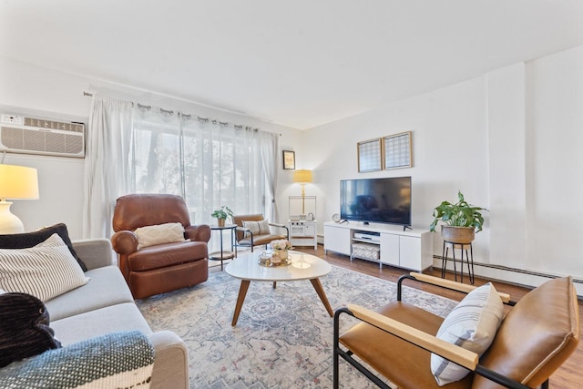 1331 S Finley Rd Unit 114, Lombard, IL 60148 - living room with a wall unit AC, wood finished floors, a baseboard radiator, and baseboards