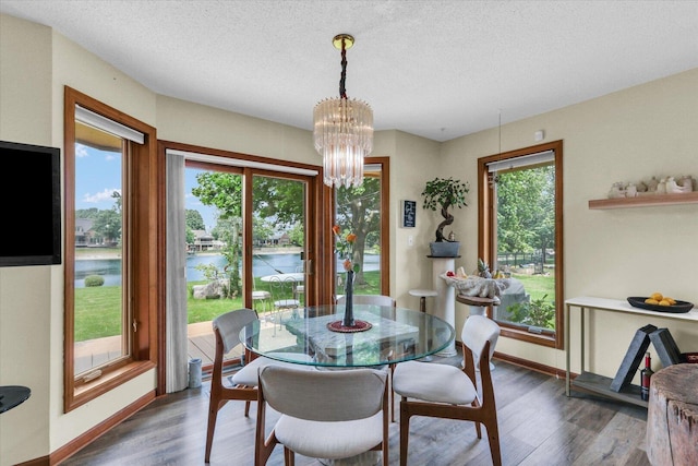 4008 Pinecrest Dr, Champaign, IL 61822 - dining area with a chandelier, baseboards, wood finished floors, a textured ceiling, and a water view