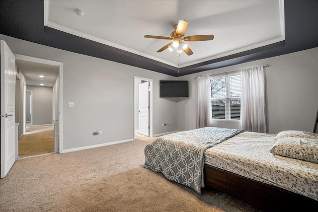 14117 Meadow Ln, Plainfield, IL 60544 - bedroom featuring a tray ceiling, carpet flooring, crown molding, baseboards, and ceiling fan