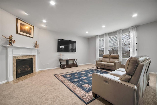 14117 Meadow Ln, Plainfield, IL 60544 - carpeted living room featuring recessed lighting, a high end fireplace, and baseboards