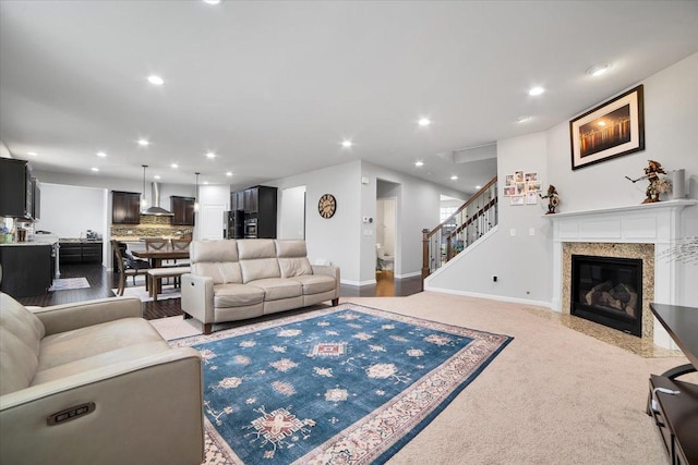 14117 Meadow Ln, Plainfield, IL 60544 - living room with recessed lighting, baseboards, a fireplace, and stairway
