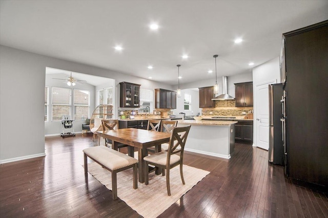 14117 Meadow Ln, Plainfield, IL 60544 - dining space featuring dark wood-style flooring, a ceiling fan, recessed lighting, and baseboards