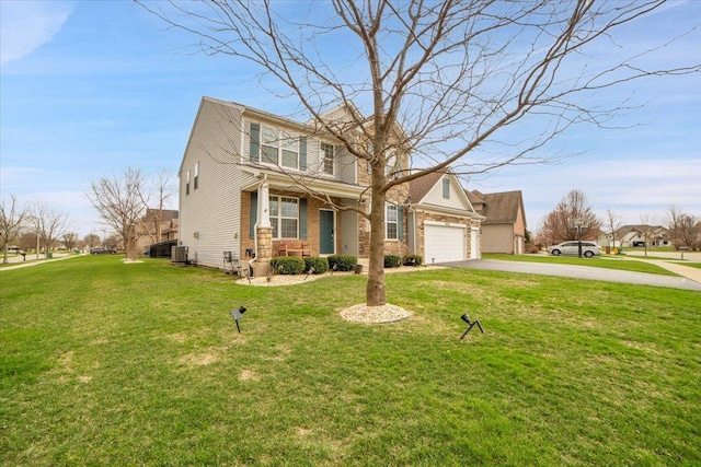 14117 Meadow Ln, Plainfield, IL 60544 - traditional-style house featuring driveway, brick siding, a front lawn, an attached garage, and central AC