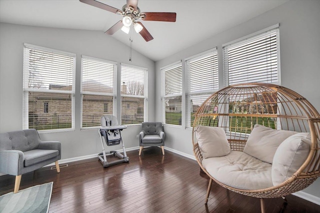 14117 Meadow Ln, Plainfield, IL 60544 - living area featuring healthy amount of natural light, lofted ceiling, hardwood / wood-style floors, and a ceiling fan