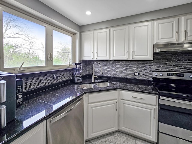 2024 W 111th St Unit 3N, Chicago, IL 60643 - kitchen with appliances with stainless steel finishes, a sink, white cabinets, decorative backsplash, and under cabinet range hood