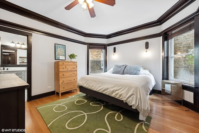 1621 W Rascher Ave Unit 2, Chicago, IL 60640 - bedroom featuring ornamental molding, light wood-style flooring, baseboards, and ceiling fan