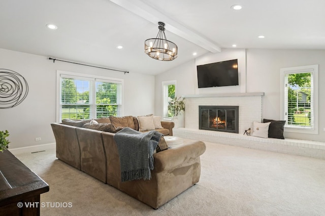 1101 S Nightingale Dr, Palatine, IL 60067 - living area with carpet floors, recessed lighting, a brick fireplace, and a chandelier