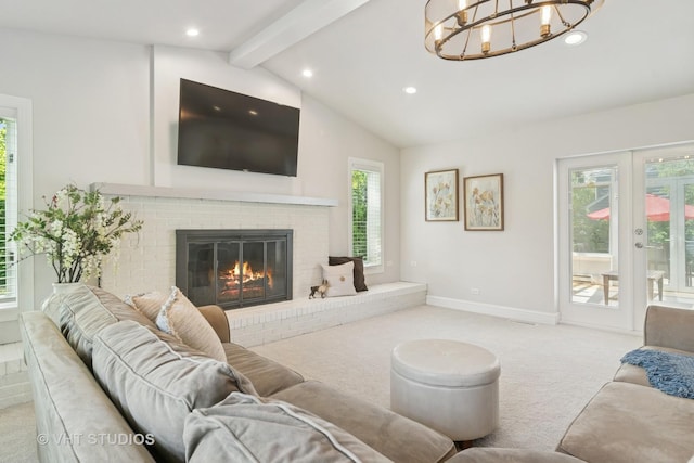 1101 S Nightingale Dr, Palatine, IL 60067 - living room featuring carpet, recessed lighting, a fireplace, and a chandelier