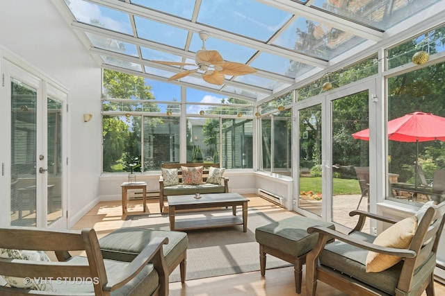 1101 S Nightingale Dr, Palatine, IL 60067 - sunroom with a baseboard radiator, a ceiling fan, lofted ceiling, french doors, and an outdoor living space