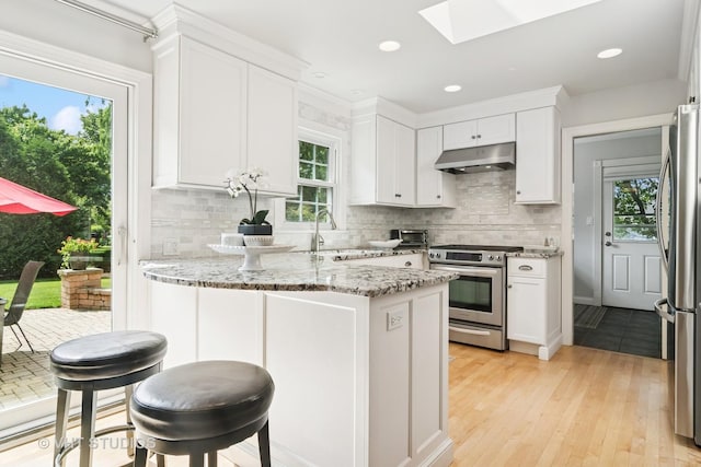 1101 S Nightingale Dr, Palatine, IL 60067 - kitchen featuring stainless steel appliances, under cabinet range hood, a skylight, a peninsula, and white cabinetry