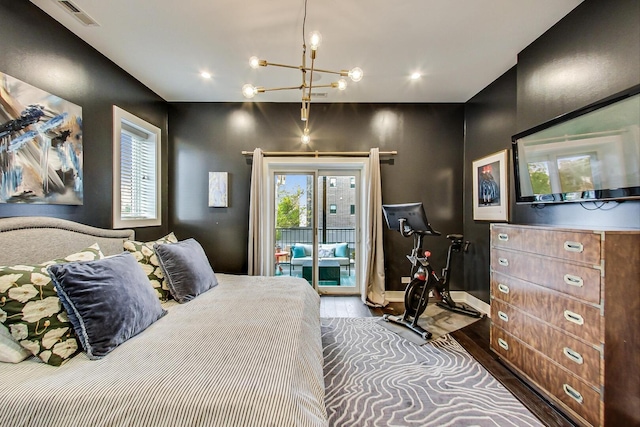 3224 N Elston Ave Unit 2S, Chicago, IL 60618 - bedroom with access to outside, a chandelier, wood finished floors, baseboards, and recessed lighting