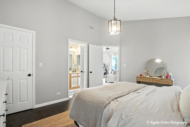28912 Sawmill Ln, Lakemoor, IL 60051 - bedroom featuring high vaulted ceiling, wood finished floors, and ensuite bath