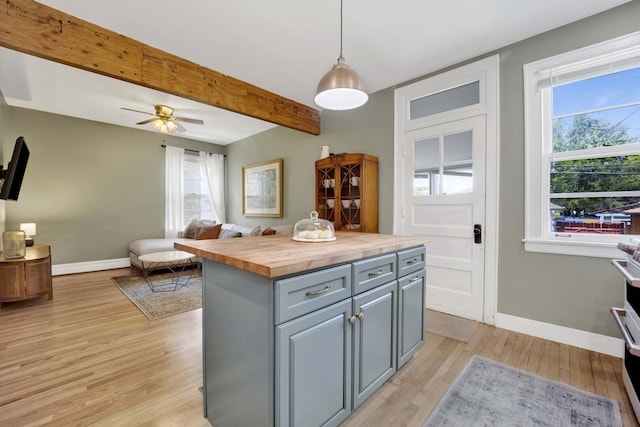 5912 W Grace St, Chicago, IL 60634 - kitchen featuring wooden counters, gray cabinets, light wood finished floors, healthy amount of natural light, and beamed ceiling