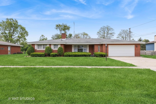 452 Miller St, Beecher, IL 60401 - ranch-style house with a garage, concrete driveway, brick siding, and a chimney