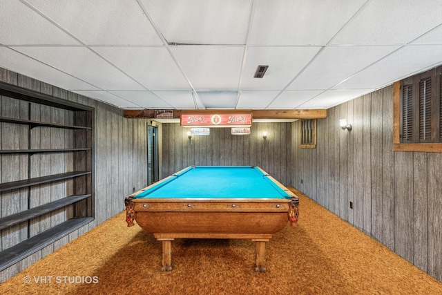 452 Miller St, Beecher, IL 60401 - game room featuring a paneled ceiling, carpet, billiards, and wood walls