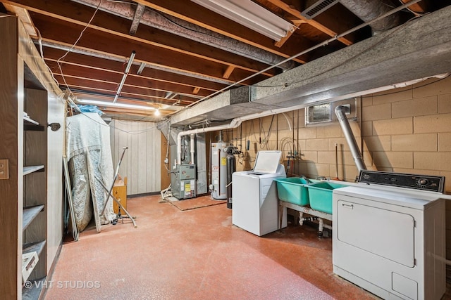 452 Miller St, Beecher, IL 60401 - unfinished below grade area featuring heating unit, electric water heater, and washing machine and dryer