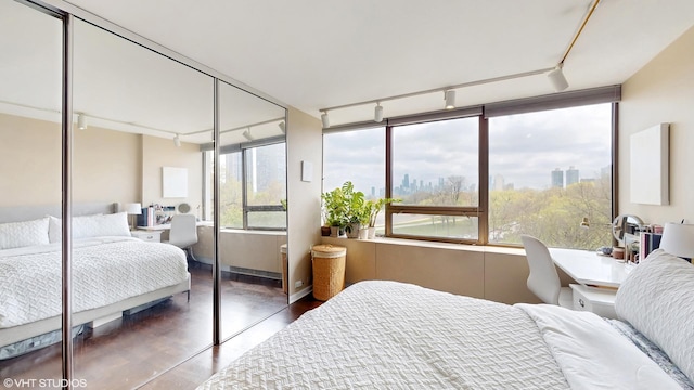 bedroom featuring track lighting, wood finished floors, a closet, and a city view