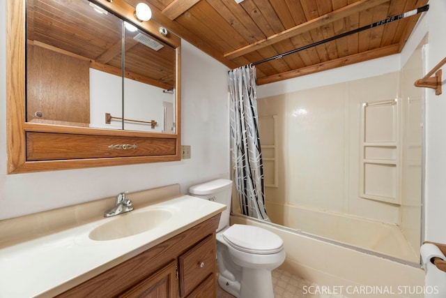 6N510 Sycamore Ave, Saint Charles, IL 60174 - bathroom with wood ceiling with exposed beams, vanity, toilet, and shower / bath combination with curtain