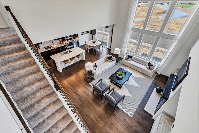 1995 Norwich Ln, Bolingbrook, IL 60490 - living area featuring stairway, dark wood-style flooring, a high ceiling, and a water view