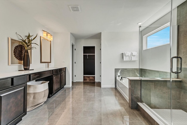 1995 Norwich Ln, Bolingbrook, IL 60490 - bathroom with marble tiled floors, vanity, a stall shower, and a bath