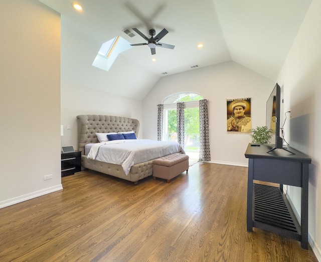 8024 N Odell Ave, Niles, IL 60714 - bedroom with a skylight, wood finished floors, lofted ceiling, a ceiling fan, and recessed lighting