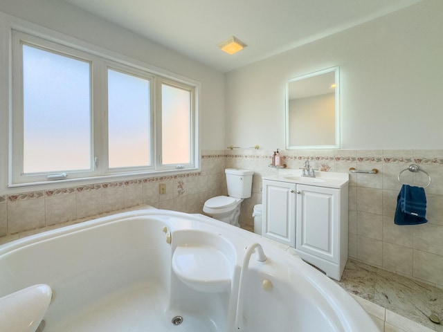 8024 N Odell Ave, Niles, IL 60714 - full bath featuring plenty of natural light, a tub with jets, toilet, tile walls, and wainscoting