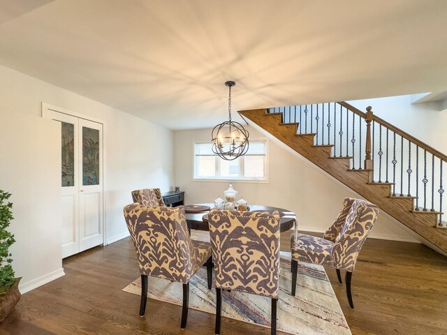 8024 N Odell Ave, Niles, IL 60714 - dining area with stairway, dark wood-style flooring, a chandelier, and baseboards