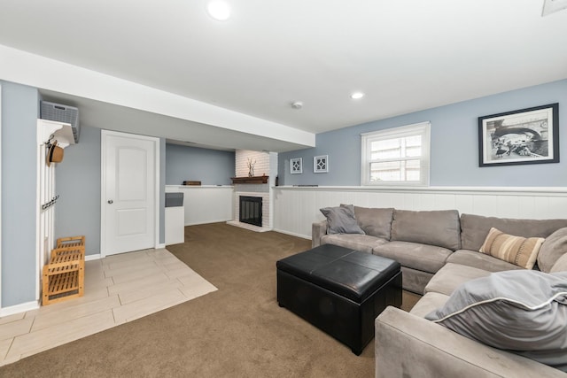 1613 Swallow St, Naperville, IL 60565 - living area with carpet floors, a wainscoted wall, a brick fireplace, and recessed lighting