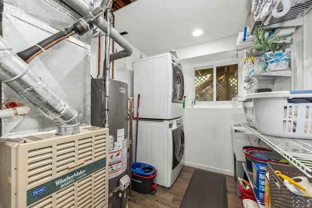 1613 Swallow St, Naperville, IL 60565 - washroom with stacked washer / drying machine, water heater, wood finished floors, recessed lighting, and heating unit