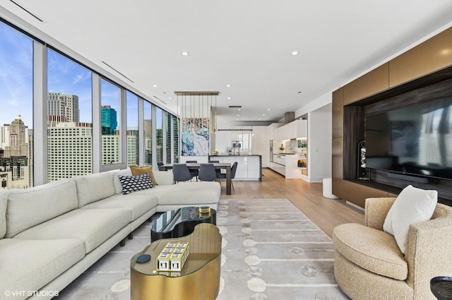 363 E Wacker Dr Unit 1601, Chicago, IL 60601 - living area with light wood finished floors, a skyline view, and a wall of windows