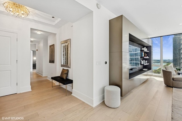 363 E Wacker Dr Unit 1601, Chicago, IL 60601 - corridor with light wood finished floors, a wall of windows, a chandelier, and baseboards