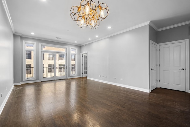 1355 W Washington Blvd Unit 4D, Chicago, IL 60607 - unfurnished living room featuring a chandelier, recessed lighting, dark wood-style flooring, and crown molding