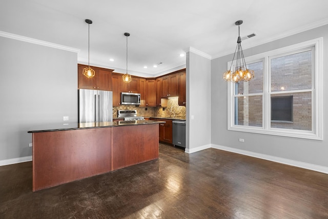 1355 W Washington Blvd Unit 4D, Chicago, IL 60607 - kitchen featuring stainless steel appliances, dark countertops, backsplash, dark wood-style flooring, and a chandelier