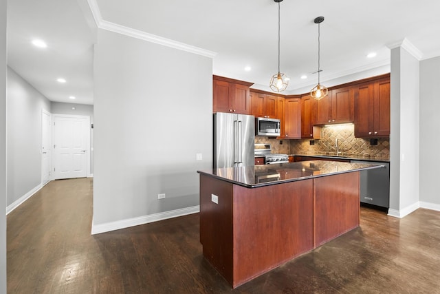 1355 W Washington Blvd Unit 4D, Chicago, IL 60607 - kitchen featuring appliances with stainless steel finishes, dark wood-type flooring, decorative backsplash, a center island, and ornamental molding