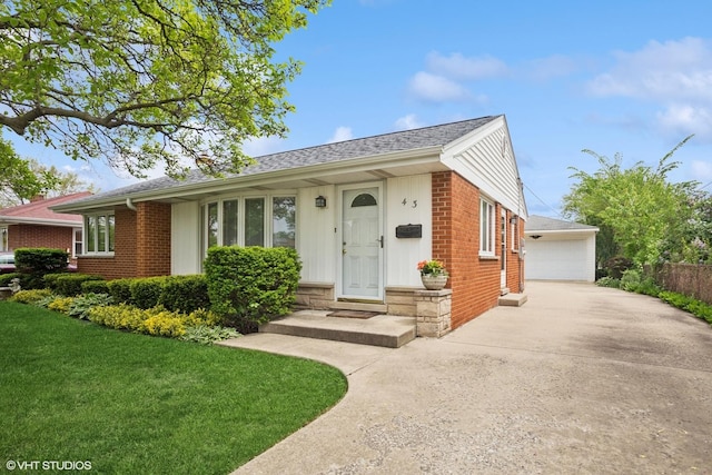 43 N Mount Prospect Rd, Des Plaines, IL 60016 - ranch-style home featuring a garage, brick siding, a front lawn, and a shingled roof