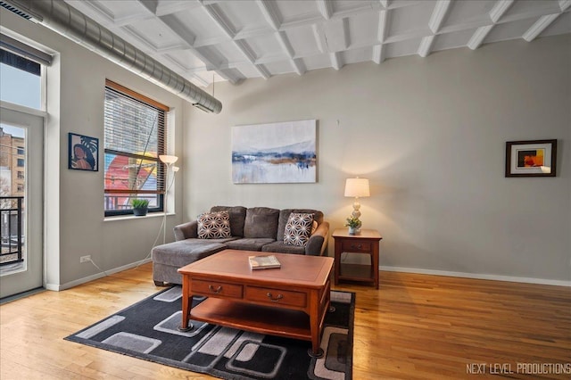 1307 S Wabash Ave Unit 402, Chicago, IL 60605 - living room featuring wood finished floors, plenty of natural light, beamed ceiling, baseboards, and coffered ceiling