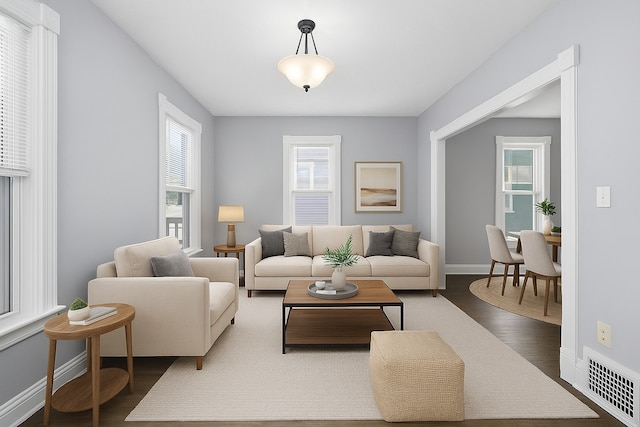 living room featuring wood finished floors, plenty of natural light, and baseboards