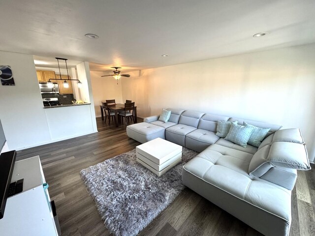 1919 Prairie Sq Unit 231, Schaumburg, IL 60173 - living room with dark wood-style floors, a ceiling fan, baseboards, and recessed lighting