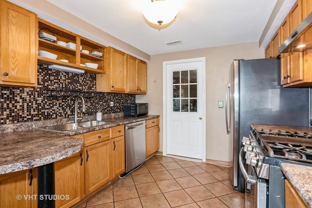 3724 Monitor Dr, Hanover Park, IL 60133 - kitchen featuring appliances with stainless steel finishes, a sink, open shelves, backsplash, and light tile patterned floors
