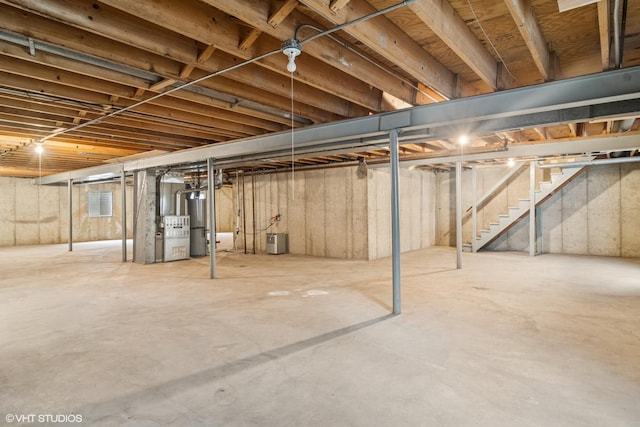 1118 W Keating Dr, Arlington Heights, IL 60005 - basement with stairs, heating unit, and gas water heater