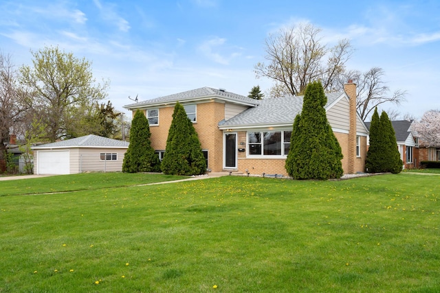 44 Cranbrook Dr, Des Plaines, IL 60016 - split level home with a front yard, brick siding, an outdoor structure, and a chimney