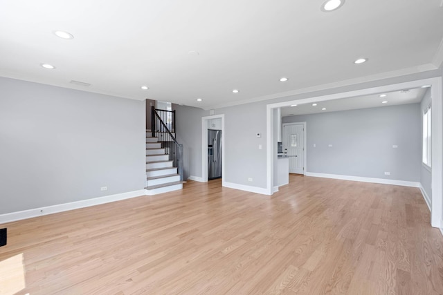 44 Cranbrook Dr, Des Plaines, IL 60016 - unfurnished living room featuring ornamental molding, recessed lighting, stairs, baseboards, and light wood-style floors