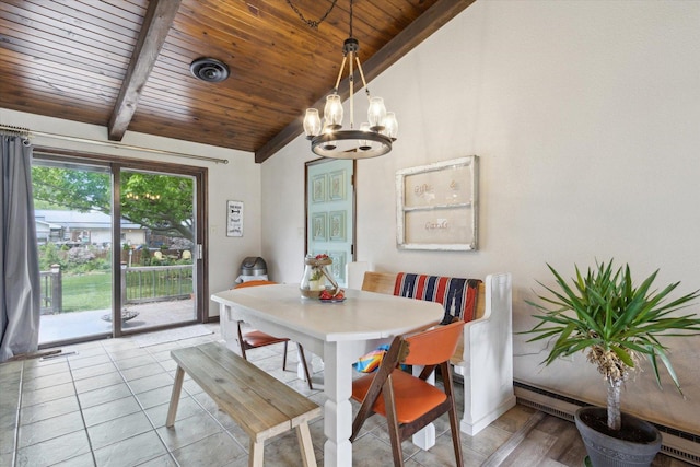 608 E Webster St, Polo, IL 61064 - dining area with wood ceiling, a chandelier, and a baseboard radiator