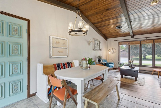 608 E Webster St, Polo, IL 61064 - dining room with wood ceiling, a chandelier, baseboards, light tile patterned flooring, and a baseboard heating unit