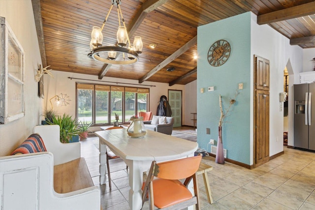 608 E Webster St, Polo, IL 61064 - dining space featuring wood ceiling, a chandelier, baseboards, and light tile patterned flooring